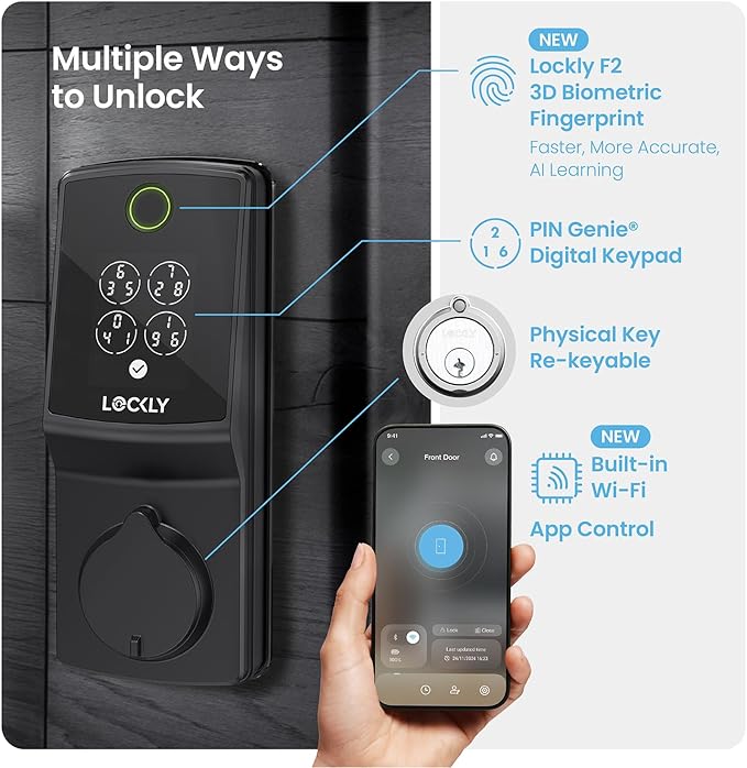 Lockly Secure Pro (2025 Latest Version), Smart Lock with Built-in Wi-Fi, New-Gen Fingerprint Door Lock, Keyless Entry Deadbolt, PIN Genie Keypad, Auto Lock, App Remote Control, Easy Installation
