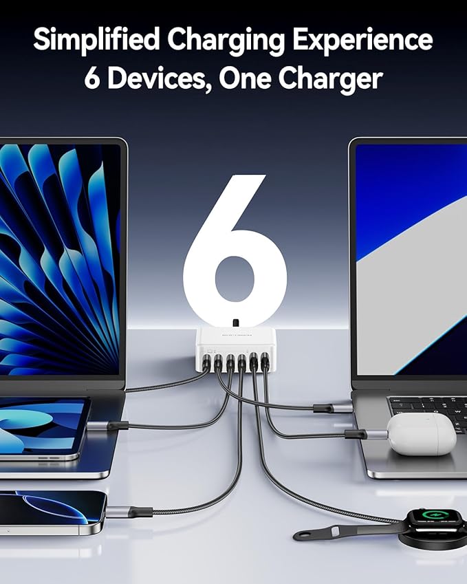 270W USB C Charger Block, Rocoren 6 Port Multi USB-C Charging Station,100W PD Fast USBC Gan Charger Station Hub Dock for Multiple Devices, Laptop Type C for MacBook/iPhone 16/iPad/Galaxy S25