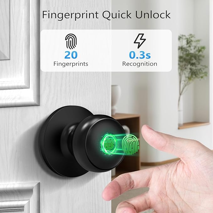 GeekTale Fingerprint Door Lock for Bedrooms, Fingerprint Door Knob with Lock, Smart Door Lock, App Control, Back-up Keys, Thumbprint Door Knob for Bedrooms, Office, Apartment