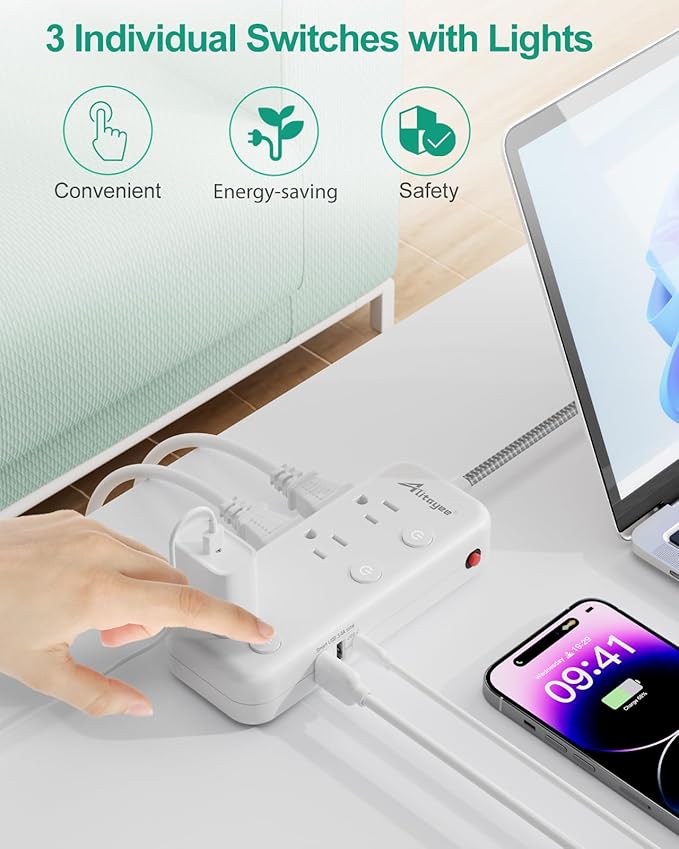 15FT Surge Protector Power Strip with Individual Switches 6 Outlets 3 USB(17W USB C), Ultra Thin Flat Plug Braided Cord, Wall Mount Extension Cord with Overload Protection for Home Office Dorm 1625W