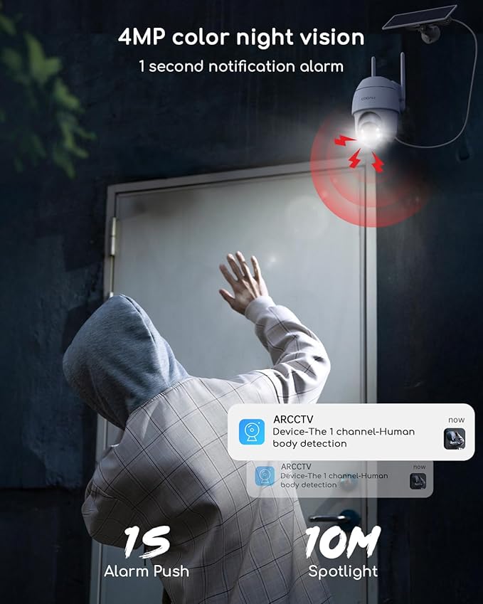 COOAU Cameras for Home Security Outdoor,4MP Solar Security Camera Wireless System,4 Cam-Kit,360° Pan & Tilt,Color Night Vision,Motion Detection,No Monthly Fee,Siren Alarm,IP66,64GB Memory Card