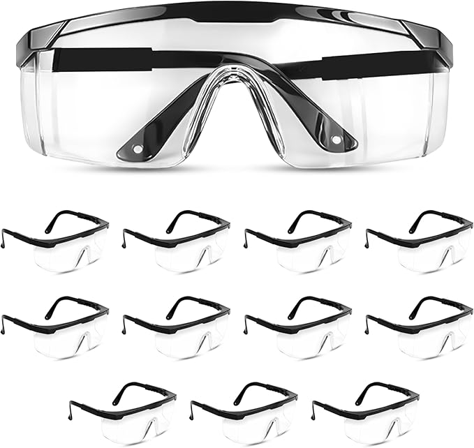 Safety Glasses, Full Coverage Lens, Built-in Brow Guard, UV Resistant, Anti-Fog, Anti-Scratches, Impact Resistant, Adjustable Side Frames, One Size Fits All, 12 Pack
