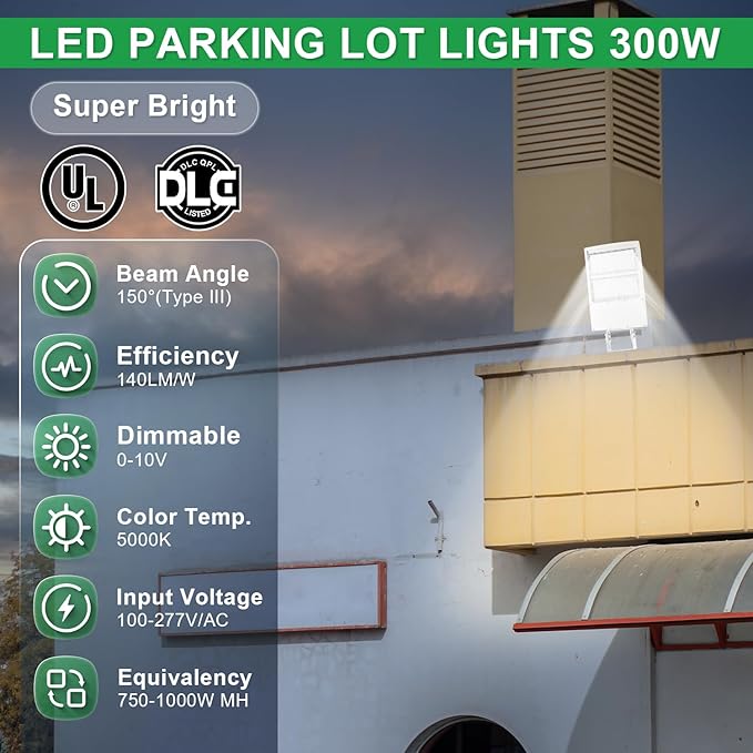 300W LED Parking Lot Light, 5000K 42000LM(140lm/w) LED Shoebox Area Light - Yoke Mount, Dimmable Commercial Street Lighting, Surge Protection Built-in, AC100-277V UL DLC Listed