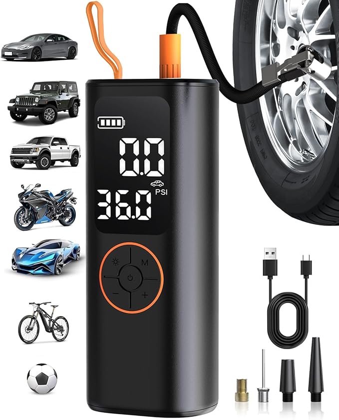 Tire Inflator Portable Air Compressor - 4X Faster Inflation Cordless Mini Air Pump with Digital Pressure Gauge with Digital Pressure Gauge/LED Light Portable Tire Inflator for Car/Moto/Bike/Ball etc.