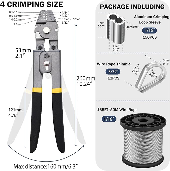 Wire Rope Crimping Tool Kit,165FT Wire Rope Kit,1/16" Stainless Steel Cable with 150PCS Aluminum Crimping Loop Sleeve, 20Pcs Wire Rope Thimble