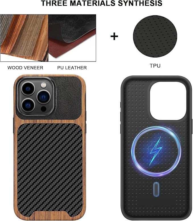 TENDLIN Magnetic Case Compatible with iPhone 15 Pro Case Wood Grain with Carbon Fiber Texture Design Leather Hybrid Slim Case (Compatible with MagSafe) Black