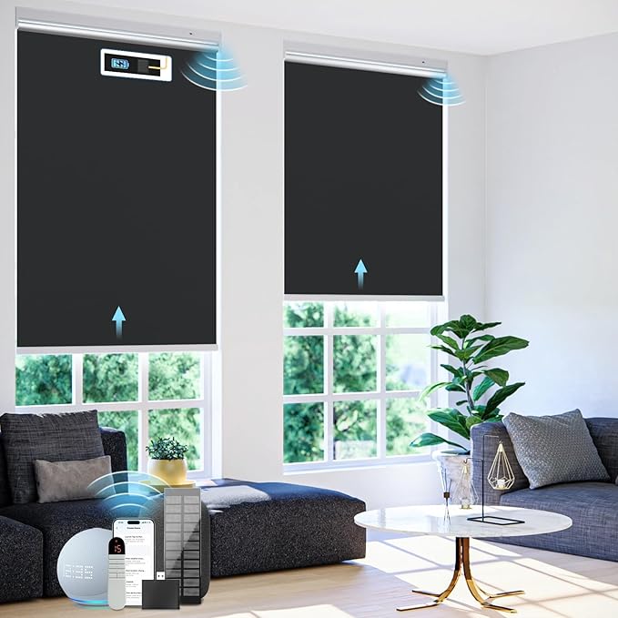 Motorized Blackout Smart Roller Blinds with Remote Control & Solar Panel - Automatic Cordless Electric Shades Compatible with Alexa - White