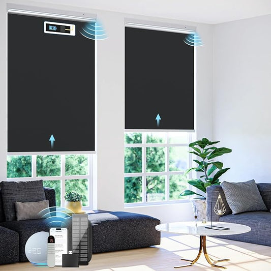 Motorized Blackout Smart Roller Blinds with Remote Control & Solar Panel - Automatic Electric Shades, 48" W x 72" H, Alexa Compatible