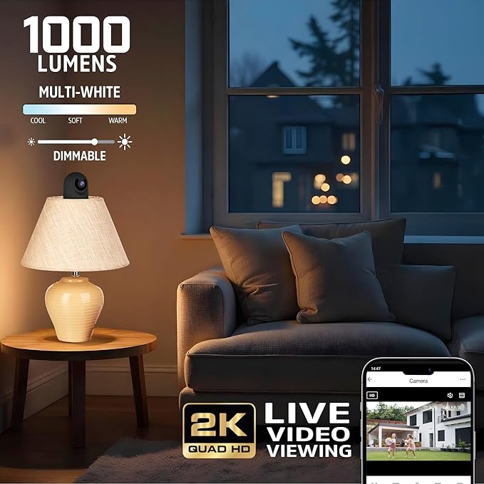 Energizer Smart 2K Light Bulb Security Camera, 1000 Lumens LED Light, 5GHz & 2.4GHz Wi-Fi Outdoor Socket Camera, Auto Tracking, Pan and Tilt, Night Vision, 2-Way Audio, Works with Google Home & Alexa