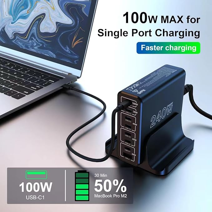 URVNS 240W USB C Charger, 8-Ports Compact GaN PD 100W PPS 45W QC20W Multiport Fast Charging Station for MacBook Laptop, iPhone 16 15 Pro Max, iPad, Galaxy S24 S22, Pixel and More