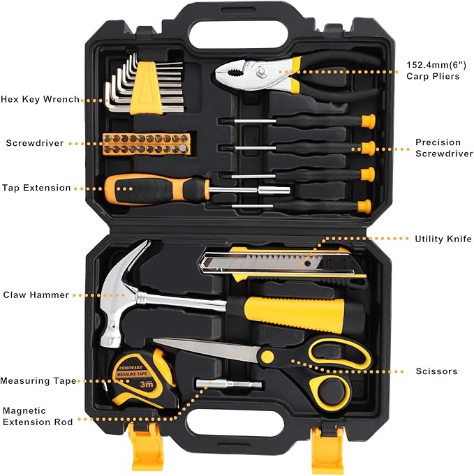 COMOWARE 40 Pcs Home Tool Kit - Basic Household Hand Tool Set, Truck Tool Kit Wrench Combination Tool Set for Home with Plastic Toolbox Storage Case, Rv tool set