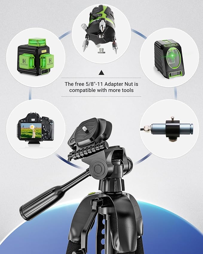 Laser Level Tripod, Huepar 56-inch Extendable Height Tripod Use with Line Lasers, Point Lasers, Laser Distance Measures, 1/4" and 5/8" Thread Mount, Multi-Function Hook, Non-Skid Feet, TPD14