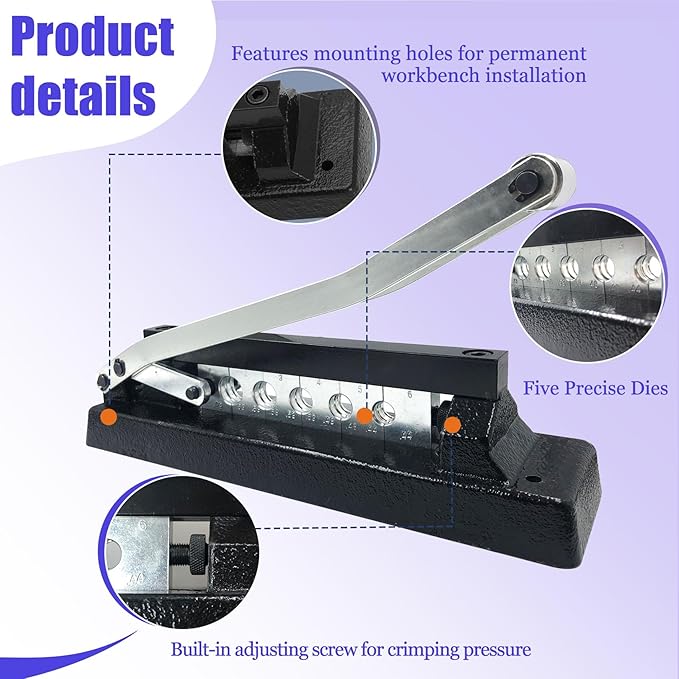 Heavy Duty Bench Hose Crimper for 1/4, 5/16, 3/8in ID Hoses, Hose Crimping Tool with Ferrules Fittings (50pk) 0.593" ID & 0.625" ID, Kit, Air Hose Repair Kit, Air Hose Crimper, Torch Hose Repair Kit