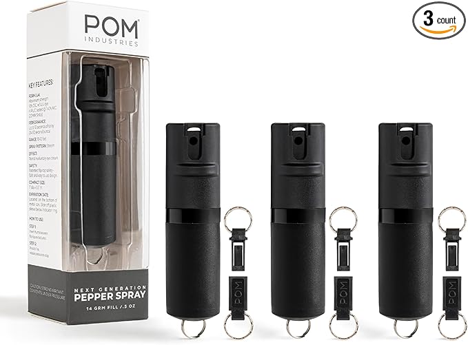 POM Pepper Spray Keychain, Quick Key Release for Instant Access, Flip Top Safety, Maximum Strength OC Formula with UV Marking Dye, 25 Bursts, 10 ft Range, 0.5 fl oz