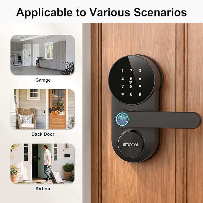 Keyless Entry Door Lock with Handle: SMONET WiFi Smart Locks for Front Door Keypad Lever with Fingerprint App Remote Control 2-Pack,Black