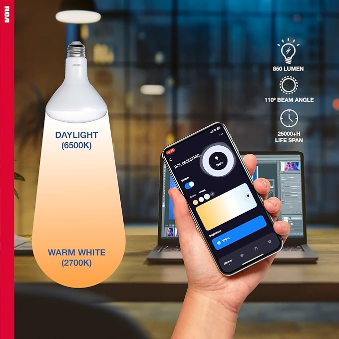 RCA Dimmable Smart Light Bulbs, 1-PK | BR30 WiFi LED Light Bulb | Indoor Flood LED Bulbs | 9W (60W Eq) | 2700K Soft White, 720 Lumens, E26 Base | Voice Activated Lights, Google & Alexa Light Bulb
