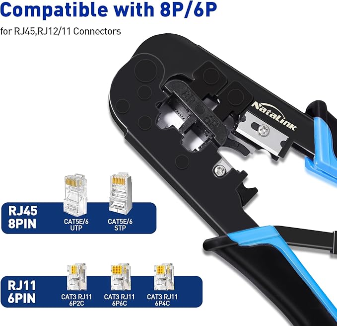 RJ45 Crimp Tool Ethernet Crimper Tool Kit Cat 6 Cat 5E Cat 5 Crimping Tool with Network Cable Tester, Wire Cutter Pliers, Mini Cable Stripper, 50 Pcs Cat 5E Connector and Strain Relief Boots