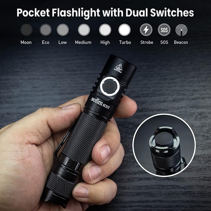 Tactical Flashlight Sofirn SC31T with Holster and Diffuser, Rechargeable Powerful Flashlights for Emergencies, Pocket EDC Flashlights, 2000 HIgh Lumens, LED Bright Flashlight for Home, Battery Powered