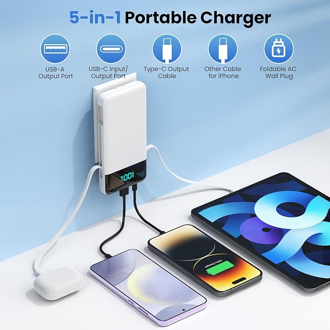 Portable Charger for iPhone with Built in Cables and Wall Plug,Upgraded 13800mAh Fast Charging USB C Power Bank,4 Outputs Travel Essential Battery Pack Compatible with iPhone 15/14/13,Samsung-White