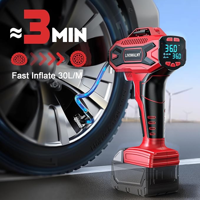 Tire Inflator Air Compressor Compatible with Milwaukee 18V Battery, LIVOWALNY 160 PSI Cordless Portable Electric Air Pump 2025 Bigger LCD Digital Pressure Gauge for Car, Bike, Sport Ball (No Battery)