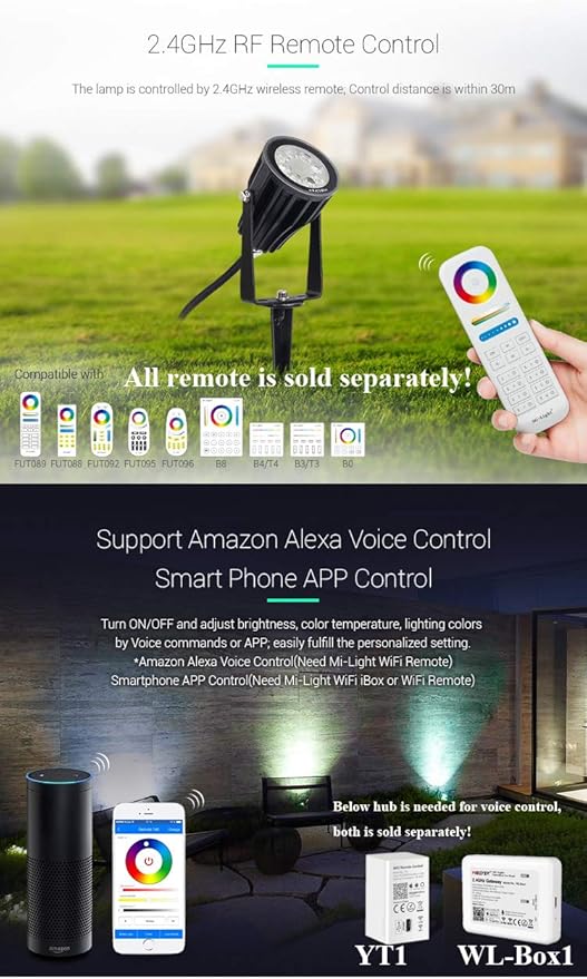 LGIDTECH FUTC04 Miboxer 6W RGB+CCT Outdoor LED Landscape Garden Spotlight AC100-240V 16 Million Colors Changing,Color Temperature Adjustable,Memory Function.Smartphone Can't Control Directly