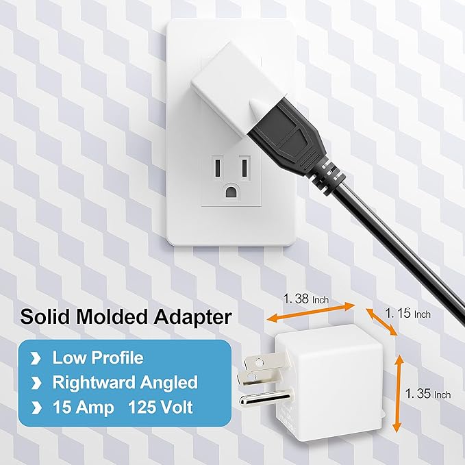90 Degree Adapter Right Angle USA 3-Prong Male-Female Adapter,90 Degree Angled USA Male Female Power adapter, 5-15P to 5-15R Direction Changer Space Save Adapter White PA-0170R45W