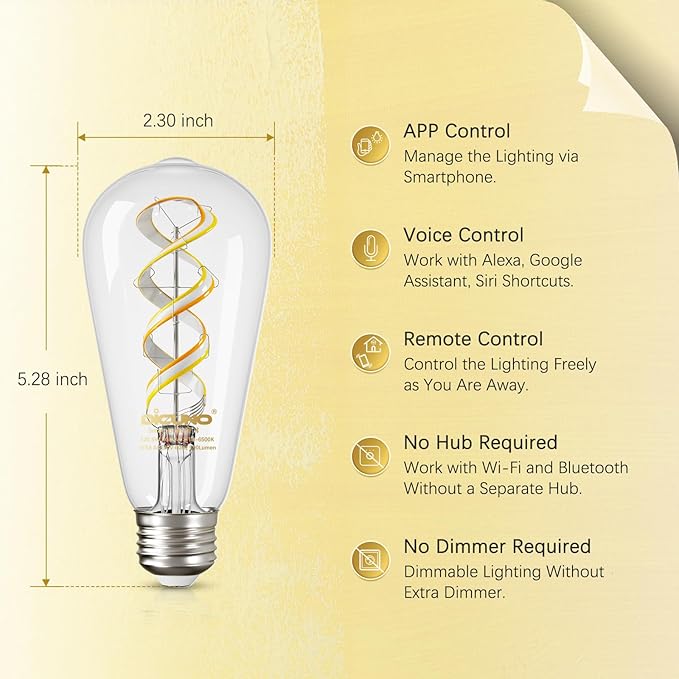 DiCUNO Smart Edison Bulbs ST19, Color Changing WiFi Smart Light Bulb, 2700K-6500K Tunable via App, ST58 Edison Bulb, Compatible with Alexa & Google Home, 5W (50 Watt Equivalent), 500lm, 2-Pack