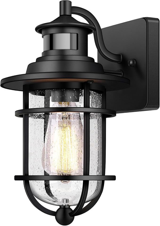Motion Sensor Outdoor Wall Lantern Dusk to Dawn Waterproof Exterior Wall Sconce with Seeded Glass Black Wall Mount Light Fixture for Porch Doorway Garage, E26 Socket, Motion Activated