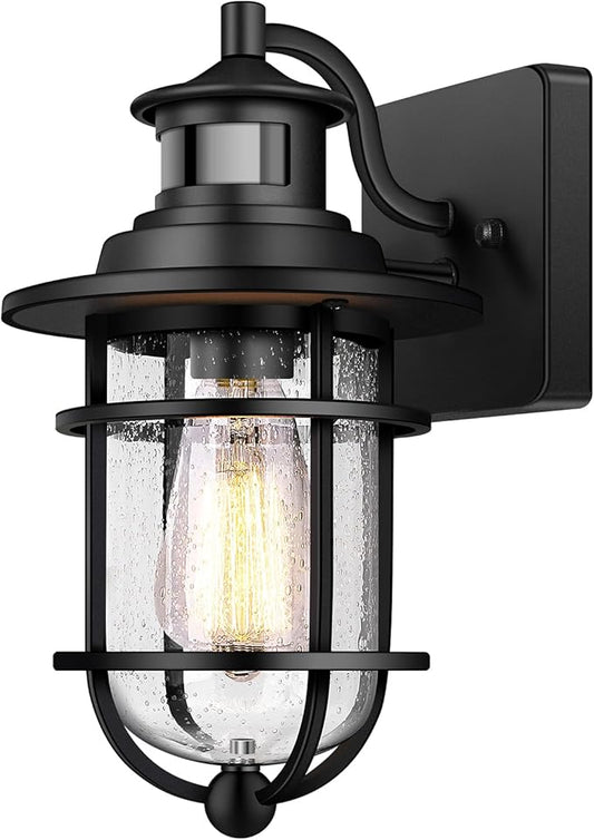 Motion Sensor Outdoor Wall Lantern Dusk to Dawn Waterproof Exterior Wall Sconce with Seeded Glass Black Wall Mount Light Fixture for Porch Doorway Garage, E26 Socket, Motion Activated