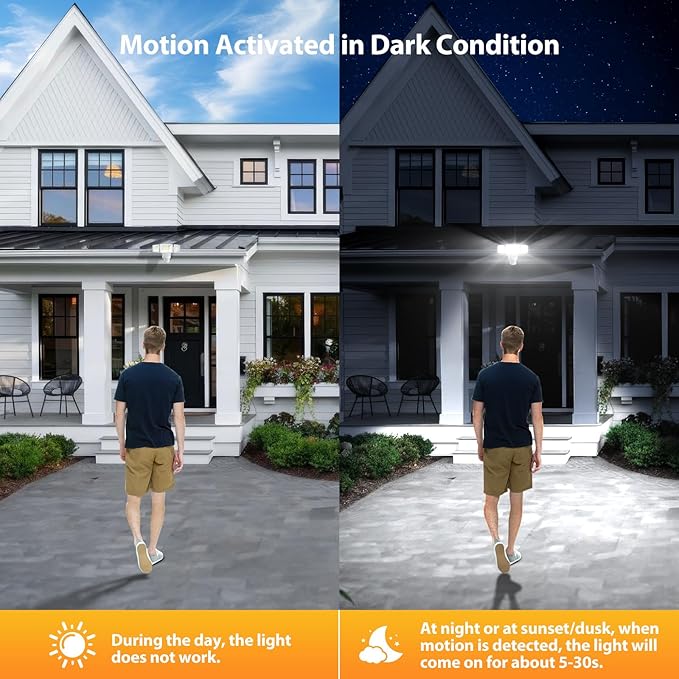 Onforu Battery Powered Motion Sensor Outdoor Lights, 2000LM 6500K Security Flood Lights, IP65 Waterproof Battery Operated Lights with Adjustable 3 Head Motion Detector LED Flood Light