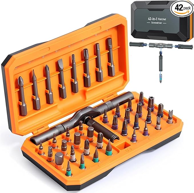 AMIR 42 in 1 Ratchet Screwdriver Kit with 40 PCS Magnetic Bits, Repair Screwdriver Set with Rotatable Ratchet Handle, Versatile Ratchet Handle Screwdriver Set with Carry Case