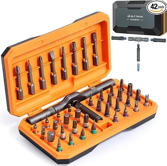 AMIR 42 in 1 Ratchet Screwdriver Kit with 40 PCS Magnetic Bits, Repair Screwdriver Set with Rotatable Ratchet Handle, Versatile Ratchet Handle Screwdriver Set with Carry Case