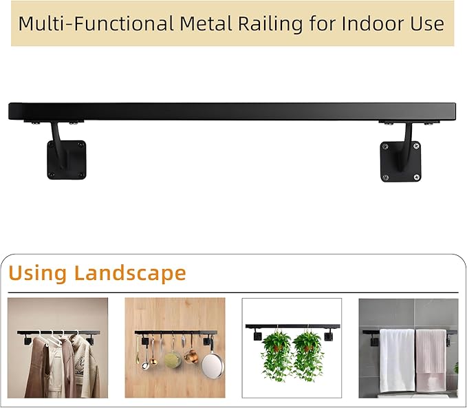 2 FT Heavy Duty Black Metal Staircase Handrail Indoor Stair Railing - 24 Inch Wall Mount Iron Pipe Hand Rails for Indoor & Outdoor, Banister Steps Rail Safety Wall Grab Bar for Seniors