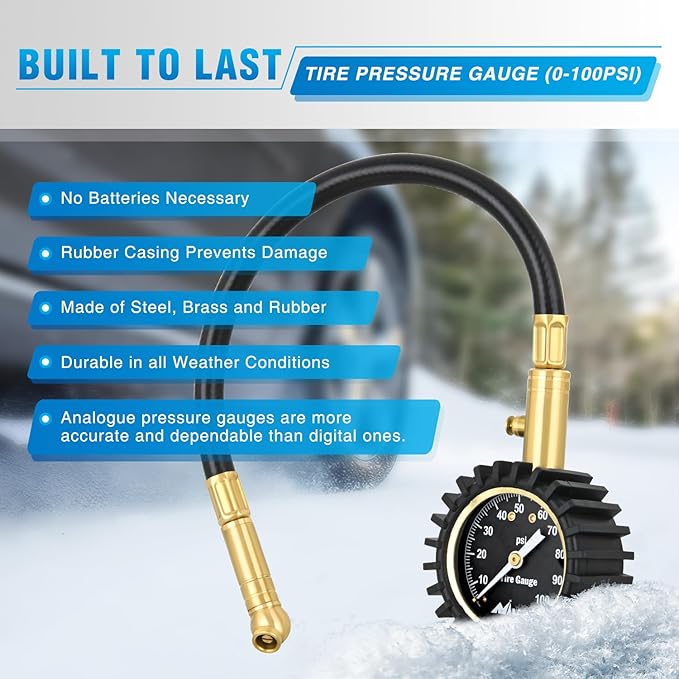 Nilight Tire Pressure Gauge 100PSI Heavy Duty Large 2" Glow Dial ANSI B40.1 Certified Air Chucks Accurate Reading with Extended Hose for Truck Semi Truck ATV Motorhome Cars & RV Accessories