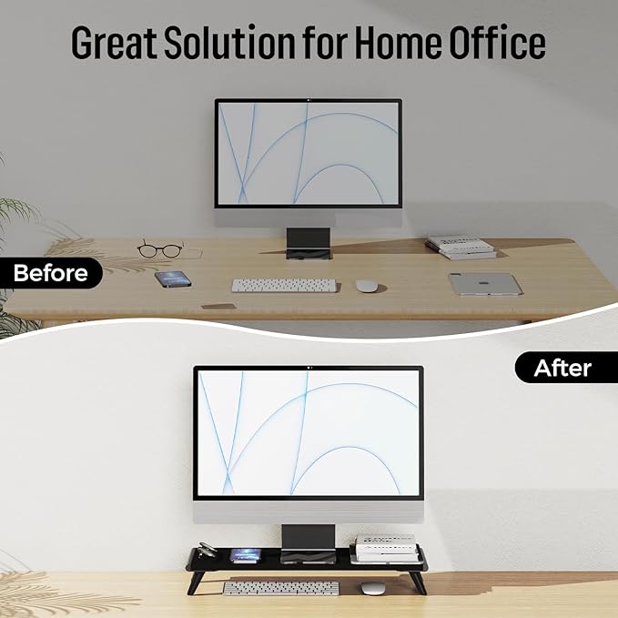 loukin Monitor Stand Riser for Desk, 22.4" x 8.3" Larger Computer Stand for Laptop, PC, Printer, Sturdy Desktop Computer Shelf with Non-Skid Rubber, Home Office (Black)