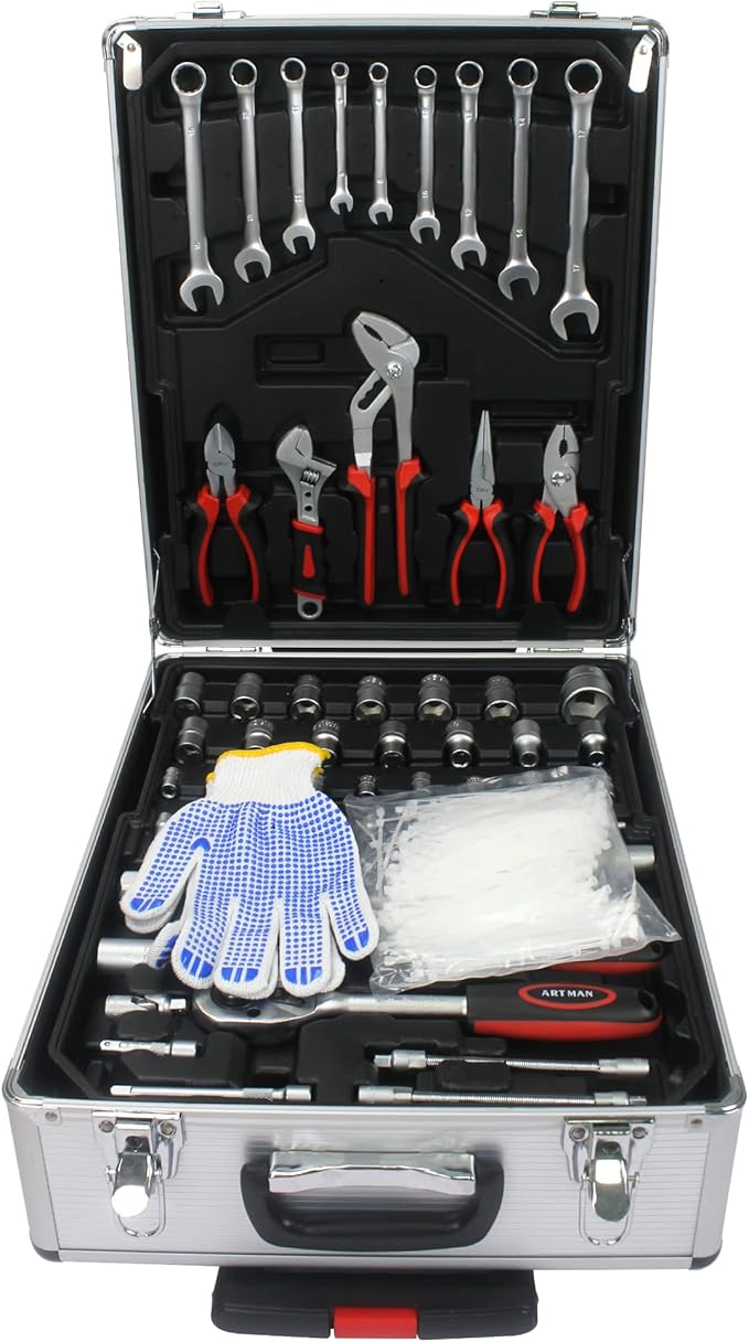 Aluminum Trolley Case Tool Set, Hand Tool Box with 4 Layers of Toolset and Wheels, Portable Tool Box for Home/Auto Repair for Men (White)