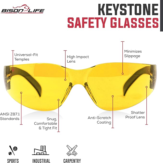 BISON LIFE Keystone Color Lens Safety Glasses | Anti Scratch | Impact Resistance | ANSI Z87.1 Standard | UV 400 Protection