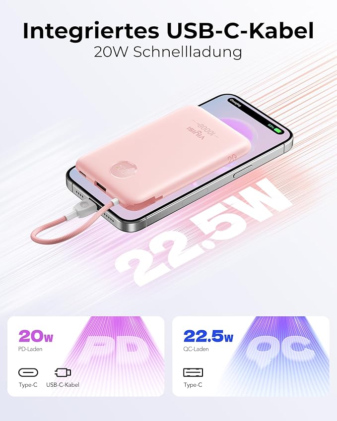 Slim Portable Charger 10000mAh, Travel Power Bank with Built-in USB-C Cable & LED Display, 22.5W Fast Charging Battery Pack Compatible with iPhone 16 15 Samsung S24 S23 -Pink