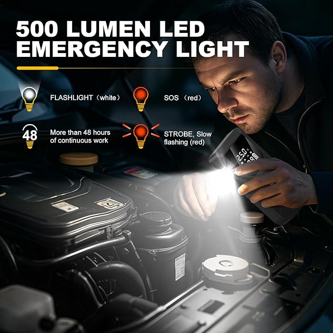 12 V Car 8000 mAh Battery Jump Starter 2800A with 150psI Air Compressor, Safe Smart Light and Practical Edition QB08L, Portable Jump Box and Charger for 6.0L Gas and 3.0L Diesel Engines.