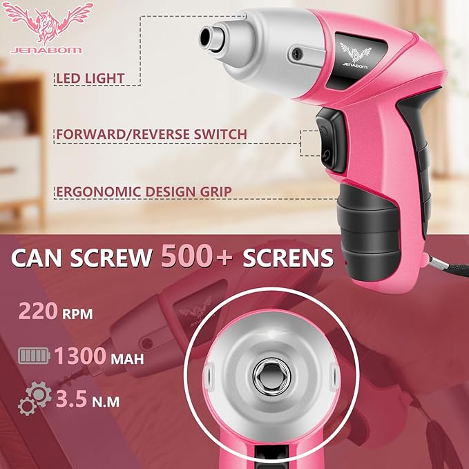 Cordless Screwdriver Rechargeable, Electric Screwdriver Cordless 47pcs, USB Small Power Screwdriver Set with LED Light for Women Home Office DIY Tools, Pink