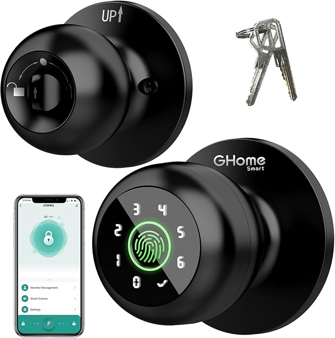 GHome Smart 4-in-1 Smart Door Knob Fingerprint Door Lock with Keypad, Biometric & App Control, Keyless Entry for Room, Garage, Office, Apartment, Local Data Storage