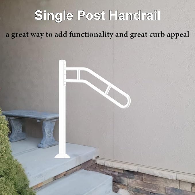 Upgraded Single Post Handrail, White Bent Wrought Iron Handrails for Outdoor 1-3 Steps, Metal Freestanding Porch Railing, Floor Mounted Stair Rails with 2 Anti-Skid Crossbar for Garage, 32"L x 35.8" H