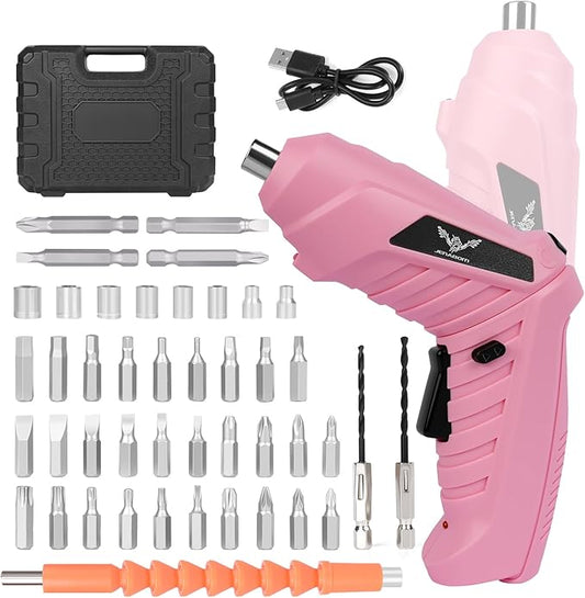 47 in 1 Electric Screwdriver Cordless Rechargeable Pink Small Power Drill Set 3.6V Li-ion 3.5N·m Max Torque Electric Rotatable with Case LED Light for Women Home Office DIY Tools