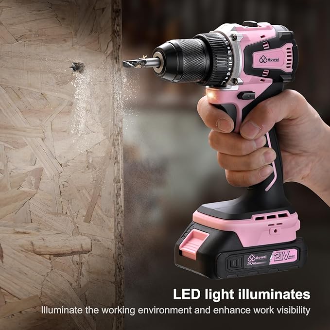 21V Lithium-Ion Cordless Drill Set, Brushless, Compact Type, including Battery, Charger and 3/8-inch Keyless Chuck; Cordless Lithium-Ion Drill Kit (Pink)