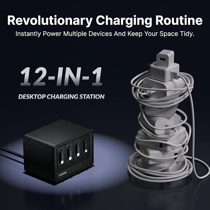 12-in-1 Desktop Charging Station with 3 Retractable Type-C Chargers and 1 Lightning Charger, 40W USB-C Power Strip with Flat Plug, Extension Cord with 1020J Surge Protection for Home Office