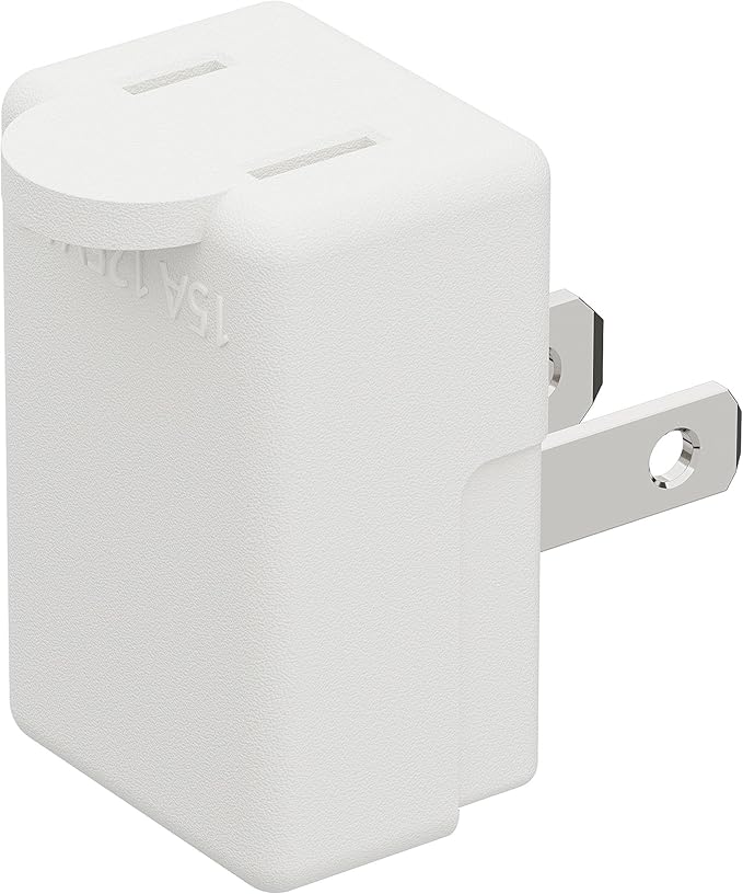 90 Degreen 2 Prong Adapter, Plugrand Up Angled Nema 1-15P to 1-15R UP Angled Adapter, US 2 Pin Adapter PA-0507 White Color