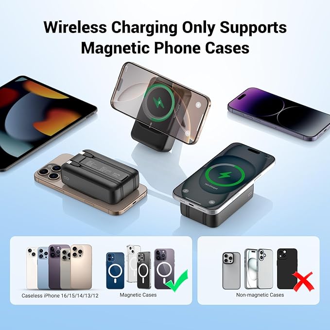 Magnetic Wireless Power Bank 26800mAh, PD 22.5W Type-C Fast Charging Portable Charger 5 Outputs, Battery Pack for Magsafe Built in Cables with Stand LED Display for iPhone 16/15/14/13/12 Series-Black