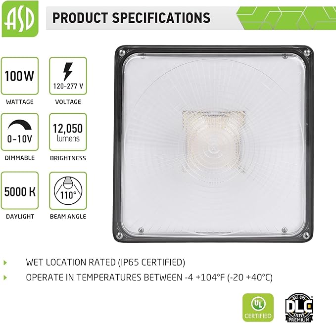 ASD LED Canopy Light 100W UL & DLC Listed, led Canopy Lights Outdoor and Indoor, Dimmable 0-10V, 12050lm, 5000K, 11"x11", 120-277V, IP65, -4℉—104℉, Brown