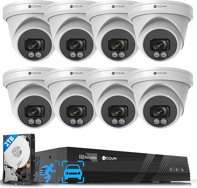 4COVR PoE Security Camera System 4K, 8X 8MP 110? Wide View Angle IP67 Dome IP Camera with Audio, 4K 8 Channel NVR 2TB HDD, AI Human Vehicle Detection & Night Vision, 24/7 Recording, LY97SA8M0808