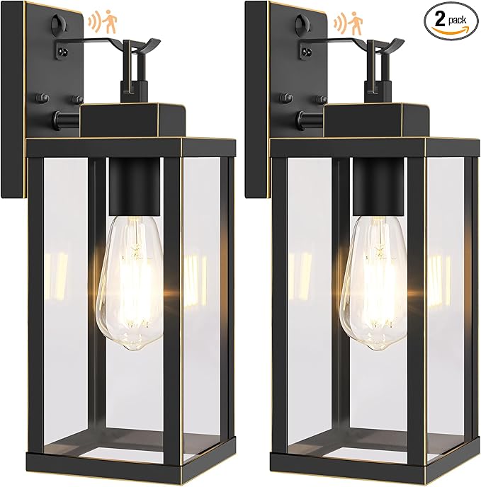 BesLowe 14” Upgraded Motion Sensor Outdoor Wall Lights, Dusk to Dawn Porch Lights Outdoor Wall Sconces, 3 Lighting Modes Exterior Lighting Fixtures with Hooks, Bronze Outside Lights for House, 2-Pack